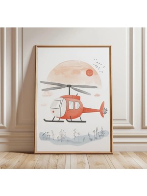 Ninastore Helikopter Posteri | Çocuk Odası Duvar Sanatı | Sevimli Uçak Illüstrasyonu | Minimalist Çocuk Odası