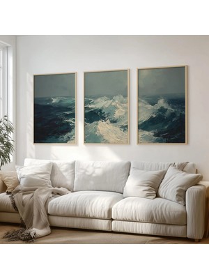 Ninastore Okyanus Dalgaları Duvar Sanatı 3'lü Set - Kıyı Manzarası Panel Baskıları - Turkuaz Mavi Okyanus