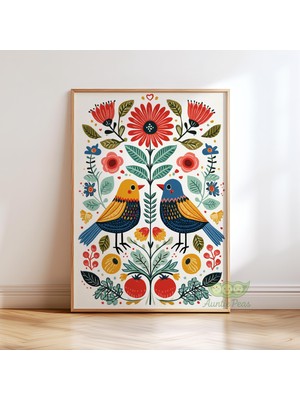 Ninastore Iskandinav Halk Sanatı Kuş Baskısı - Vintage Botanik Duvar Sanatı - Modern Boho Poster - Renkli Kır