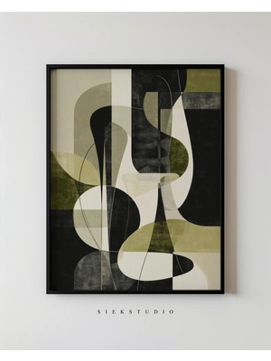 Ninastore Yüzyıl Ortası Modern Soyut Duvar Sanatı - Zeytin Yeşili ve Siyah Geometrik Sanat - Nötr Bej