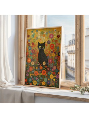Ninastore Gustav Klimt Bahçe Kedisi Baskısı - Siyah Kedi Sanatı - Çiçekli Poster - Komik Kedi Hediyesi -