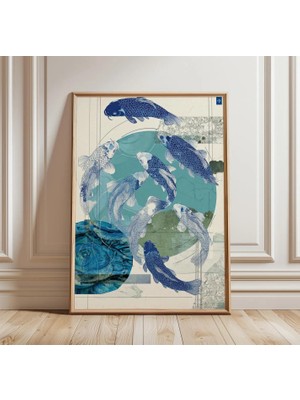 Ninastore Koi Balığı Posteri | Japon Esintili Duvar Sanatı | Mavi Okyanus Çember Baskısı | Minimalist Sahil
