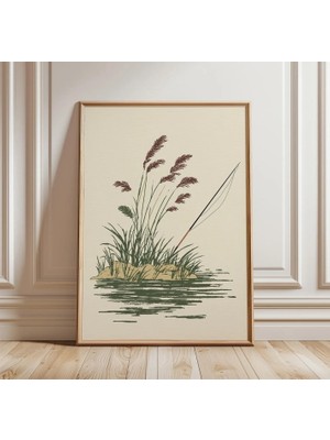 Ninastore Balıkçılık Kamışı Posteri | Minimalist Doğa Duvar Sanatı | Göl Manzarası Baskısı | Rustik Dekor |