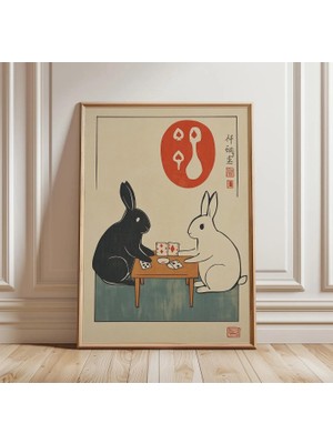 Ninastore Tavşan Kart Oyunu Posteri | Japon Tarzı Hayvan Sanatı | Sevimli Tavşan Duvar Dekoru | Minimalist