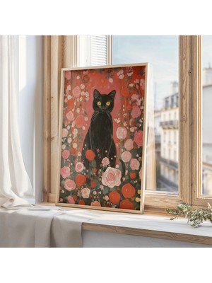 Ninastore Siyah Kedi Sanat Baskısı - Klimt Bahçe Kedisi Posteri - Gül Çiçekli Duvar Sanatı - Komik Kedi