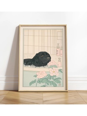 Ninastore Siyah Labrador Banyo Baskısı: Japandi Ukiyo-E Tarzı Köpek Sanatı