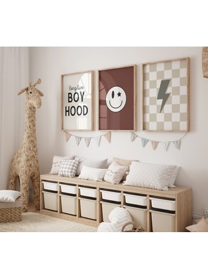 Ninastore 3'lü Set - Yaşasın Erkek Çocukluğu - Bohem Çocuk Odası - Kareli Çocuk Odası Posteri - Erkek Bebek