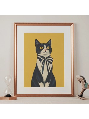 Ninastore Siyah Beyaz Kurdeleli Kedi Baskılı Duvar Sanatı - Komik Kedi Baskısı - Şık Duvar Sanatı Sevimli