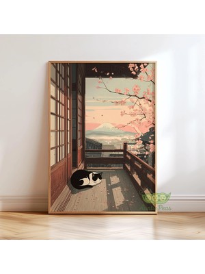 Ninastore Japon Kedisi Duvar Sanatı - Japandi Balkon Baskısı - Sakura Çiçekleri - Fuji Dağı Manzarası -