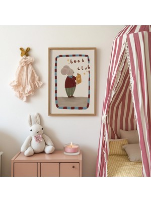 Ninastore Neşeli Fare Baskısı - Retro Çocuk Odası Duvar Sanatı - Kitap Sever Çocuk Odası - Minimalist Bebek