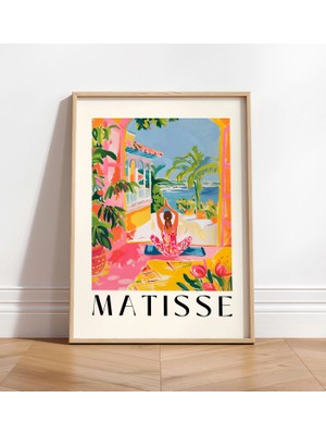 Ninastore Matisse Tarzı Yoga Baskısı: Pembe Tropikal Plaj Temalı Duvar Sanatı