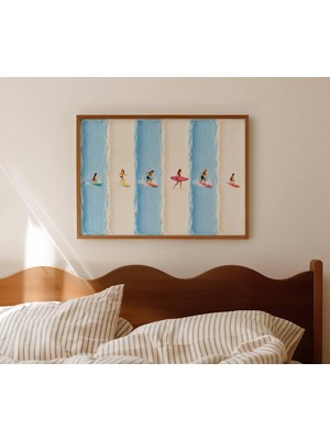 Ninastore Minimalist Küçük Sörfçüler Sanat Baskısı - Yatay Dokulu Kalın Boya Mavi Yağlı Boya Duvar Sanatı -