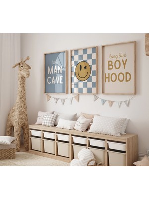 Ninastore Küçük Adamın Mağarası - Yaşasın Çocukluk - Hardal Mavisi Çocuk Odası - Kareli Çocuk Odası Posteri -