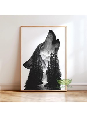 Ninastore Uluyan Kurt Duvar Sanatı Baskısı - Siyah Beyaz Orman Resmi - Dağ Manzarası Hayvan Posteri - Vahşi