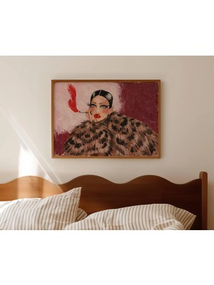 Ninastore Soyut Moda Kadın Sigara Içerken Yağlı Boya Tablo Baskısı - Yatak Üstü Yatay Duvar Sanatı - Elle