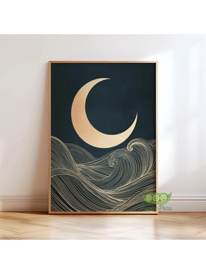 Ninastore Ay ve Dalgalar Duvar Sanatı - Modern Minimalist Okyanus Posteri - Soyut Japon Ay Baskısı - Çağdaş