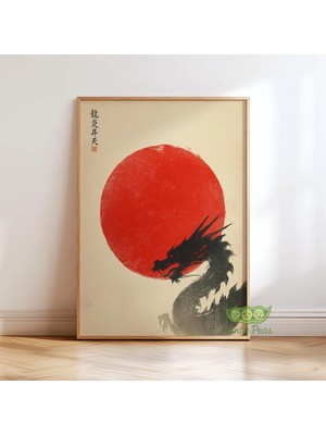 Ninastore Japon Ejderhası Duvar Sanatı - Kırmızı Güneş Posteri - Minimalist Asya Mürekkep Baskısı -