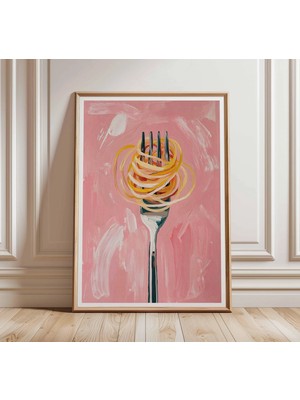 Ninastore Makarna Duvar Sanatı Baskısı - Spagetti Çatalı Resmiyle Modern Pembe Mutfak Dekoru - Yemek Odası