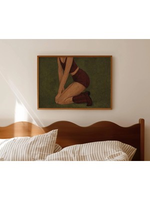 Ninastore Soyut Kovboy Çizmeli Kovboy Kız Haki Yağlı Boya Tablo Baskısı - Yatay Dokulu Kadın Duvar Sanatı -