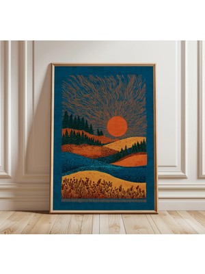 Ninastore Modern Manzara Sanat Baskısı - Retro Güneş ve Tepeler Posteri - Boho Duvar Sanatı - Soyut Doğa