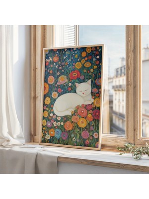 Ninastore Klimt Tarzı Çiçekler Arasında Kedi Sanatı - Klimt Kedi Baskısı - Yazdırılabilir Duvar Sanatı