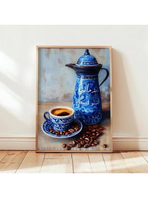 Ninastore Arap Kahve Potu Duvar Sanatı Baskısı - Orta Doğu Mavi Seramik Poster - Modern Mutfak Kahve Barı