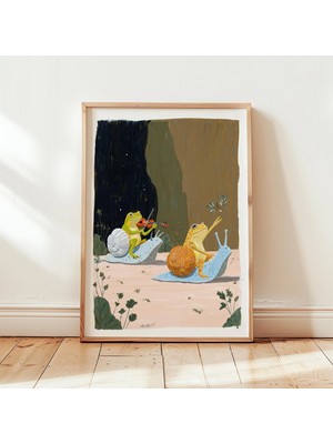 Ninastore Neşeli Kurbağa Sanat Baskısı - Salyangoz Yolculuğu Illüstrasyonu - Eğlenceli Hayvan Posteri -