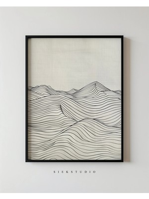 Ninastore Minimalist Çizgiler Dağ Sanatı - Siyah Çizgili Soyut Manzara - Nötr Bej Modern Duvar Sanatı Baskısı