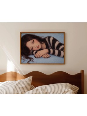 Ninastore Kadın Portresi Mavi Yağlı Boya Tablo Baskısı - Yatay Kız Çocuk Yatak Üstü Duvar Sanatı - Elle