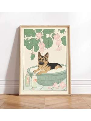 Ninastore Alman Çoban Köpeği Posteri: Nötr Ukiyo-E Tarzında Japon Banyo Dekorasyonu