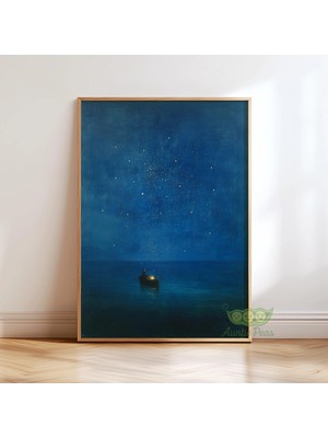 Ninastore Gustav Klimt Gece Denizi Baskısı - Yıldızlı Tekne Tablosu - Rüya Gibi Mavi Okyanus Duvar Sanatı -