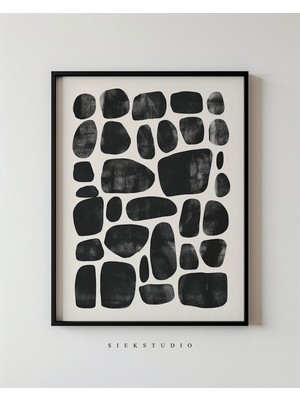 Ninastore Soyut Kaya Duvar Sanatı - Minimalist Taş Baskılı Siyah Beyaz Boho Dekor - Modern Geometrik Sanat -