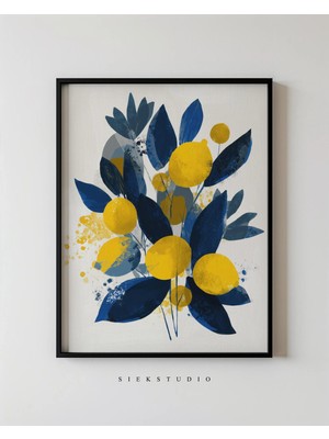 Ninastore Botanik Limon Sanat Baskısı - Soyut Çiçek Illüstrasyonu Mavi Sarı Sanat Eseri - Iskandinav Mutfak