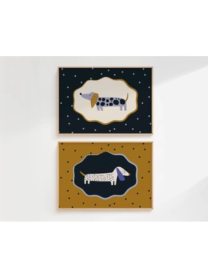 Ninastore Dachshund Temalı Çocuk Odası Baskı Seti (2 Adet) - Köpek Temalı Çocuk Odası Duvar Sanatı - Çocuk