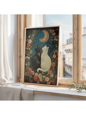 Ninastore Yin-Yang'dan Esinlenilmiş Sanat Baskısı - Çiçek Bahçesinde Siyah Beyaz Kediler - Ev Dekorasyonu