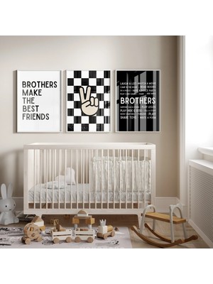 Ninastore Kardeşler En Iyi Arkadaş Olur - Siyah Beyaz Çocuk Odası - Kareli Barış Posteri - Erkek Bebek Odası