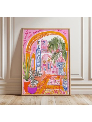 Ninastore Marakeş Posteri - Fas Iç Mekan Duvar Sanatı Baskısı - Renkli Kemer Illüstrasyonu - Boho Seyahat