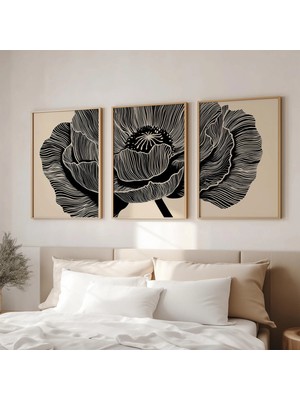 Ninastore Siyah ve Bej Çiçekli Üçlü Duvar Sanatı - Minimalist Çizgili Çiçek Baskıları - Modern Botanik 3'lü
