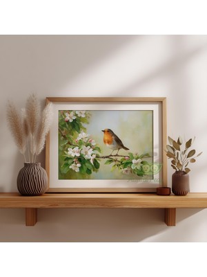 Ninastore Robin Kuşu Duvar Sanatı - Vintage Botanik Baskı - Bahar Çiçekleri Doğa Tablosu - Rustik Kır Evi