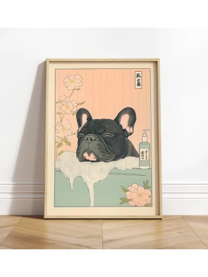 Ninastore Siyah Fransız Bulldog Banyo Baskısı: Japandi Ukiyo-E Köpek Sanatı