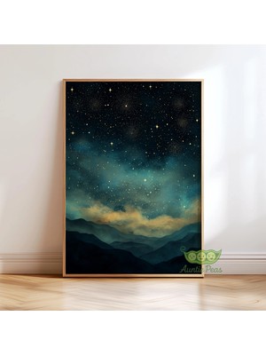 Ninastore Vintage Yıldızlı Gece Duvar Sanatı - Dağ Gece Gökyüzü Baskısı - Göksel Bulut Manzarası Sanat Eseri