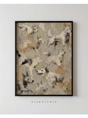 Ninastore Soyut Köpek Desenli Sanat Baskısı - Çağdaş Bej Nötr Evcil Hayvan Sanatı - Modern Iskandinav Yatak