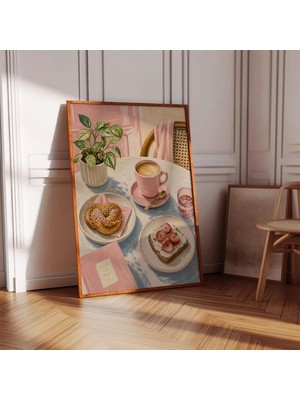 Ninastore Pembe Kahvaltı Duvar Sanatı - Rahat Sabah Kahvesi Baskısı - Yumuşak Kız Çocuk Odası Dekor Posteri