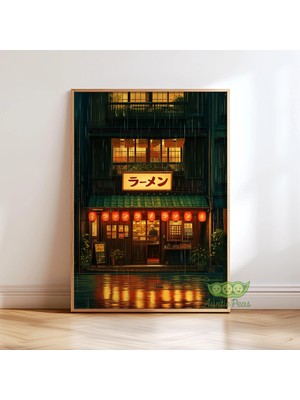 Ninastore Yağmurlu Tokyo Ramen Dükkanı Duvar Sanatı - Japon Fenerli Sokak Baskısı - Rahat Gece Şehir