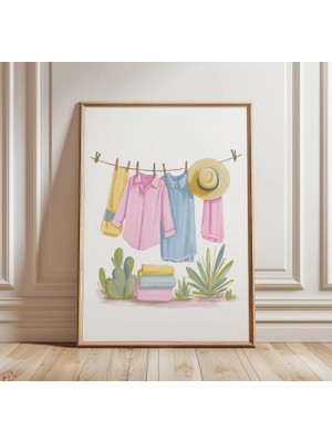 Ninastore Çamaşır Ipi Posteri | Yazlık Kıyafet Illüstrasyonu | Sahil Yaşam Tarzı Baskısı | Minimalist Ev