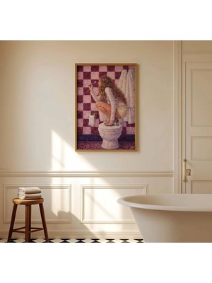 Ninastore Tuvaletteki Kız Yağlı Boya Tablo Baskısı - Ruby Pink Kız Çocuk Banyo Duvar Sanatı - Elle Çizilmiş