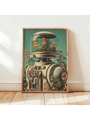 Ninastore Retro Robot Japon Balığı Akvaryum Baskısı - Sürreal Bilim Kurgu Duvar Sanatı - Doğa ve Teknoloji