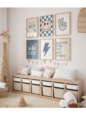 Ninastore 6'lı Set - Küçük Adamın Mağarası - Yaşasın Çocukluk - Mavi Nötr Bebek Odası - Kareli Bebek Odası