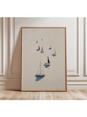 Ninastore Minimalist Yelkenli Poster Baskısı - Sakin Sularda Demirlemiş Yatlarla Deniz Temalı Duvar Sanatı -