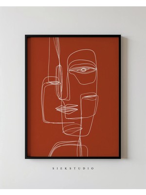 Ninastore Soyut Yüz Portresi Çizimi - Modern Minimalist Çağdaş Kırmızı ve Beyaz Duvar Sanatı Dekorasyonu